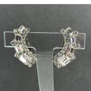 Vintage curved rhinestone silver clip earrings
